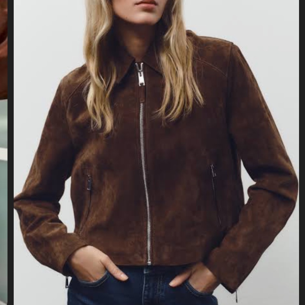 Zara leather jacket large brown suede